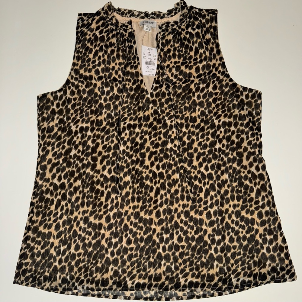 J. Crew Factory Leopard Ruffle Tie-Neck Tank Top NWT Size XS Brown Sleeveless